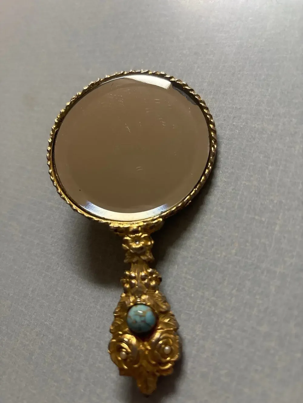 Vintage Mirella Louis XIV Style Hand Mirror Filigree Metalwork Gold Torqouise